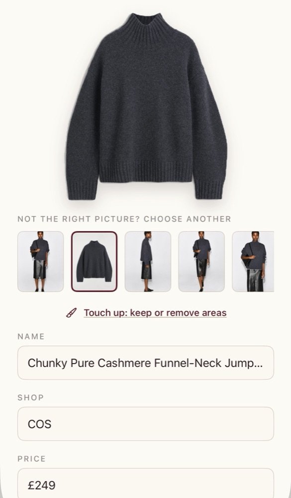 Adding a COS chunky cashmere jumper from a link, with its name, shop and price filled in