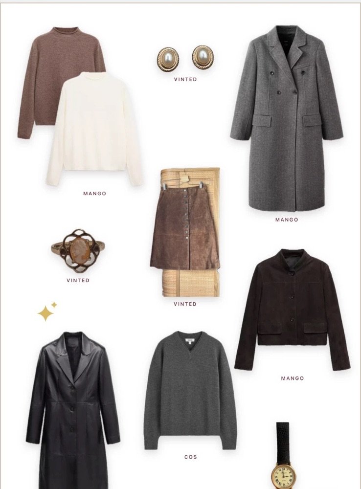 An inlay edit called AW 2026: knitwear, coats, a suede skirt and vintage jewellery on a white page
