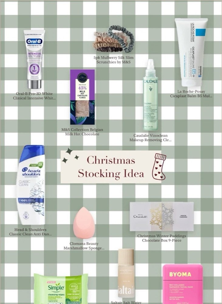 An inlay edit called Christmas Stocking Idea: beauty products on a sage gingham page