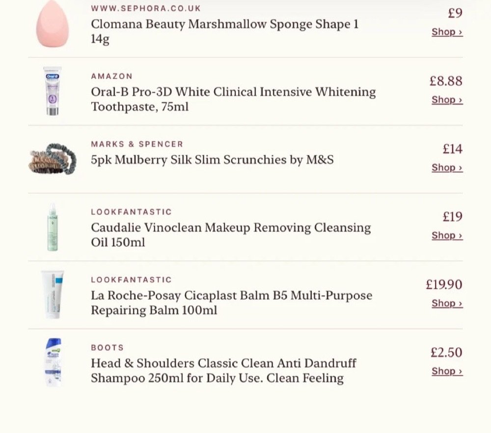 A shopping list of an edit, each product with its shop, price and a Shop link